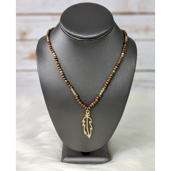 Simple Feather Boutique Jewelry - Goldtone Wood Beaded Feather Boho Necklace